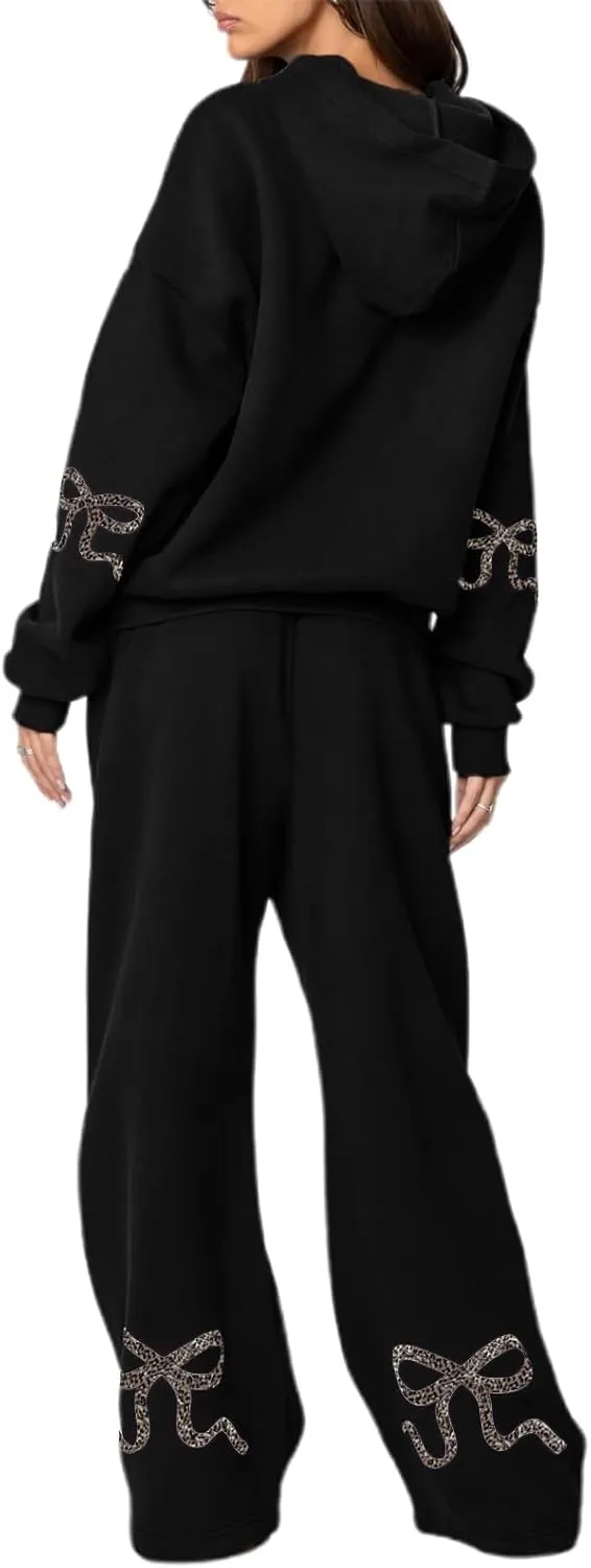 2 Piece Sweat Sets for Women Bow Sweatsuits Oversized Long Sleeve Hoodie Sweatshirt Sweatpants Y2K Track Suits Outfit
