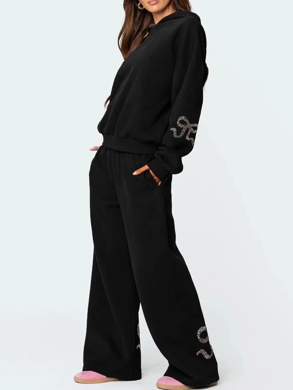 2 Piece Sweat Sets for Women Bow Sweatsuits Oversized Long Sleeve Hoodie Sweatshirt Sweatpants Y2K Track Suits Outfit