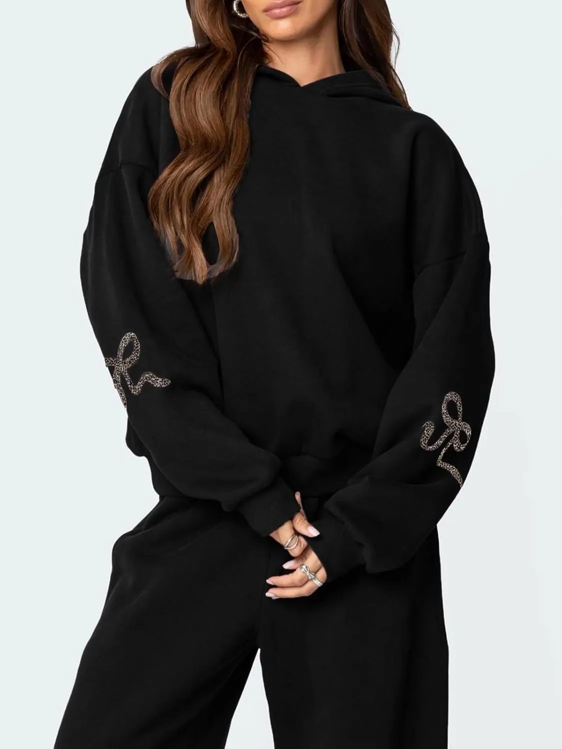2 Piece Sweat Sets for Women Bow Sweatsuits Oversized Long Sleeve Hoodie Sweatshirt Sweatpants Y2K Track Suits Outfit