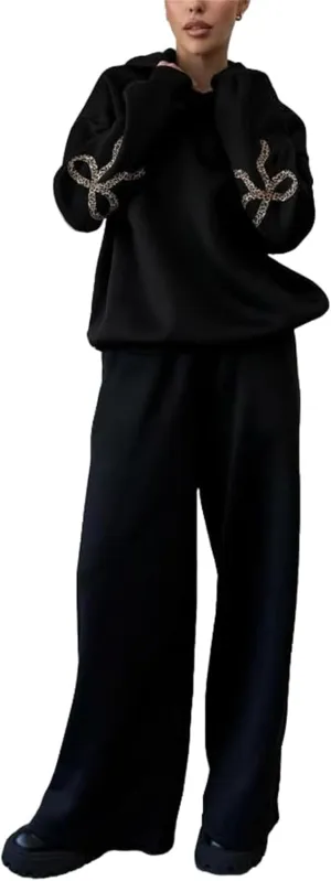 2 Piece Sweat Sets for Women Bow Sweatsuits Oversized Long Sleeve Hoodie Sweatshirt Sweatpants Y2K Track Suits Outfit