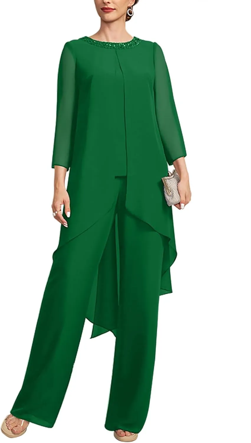2 Pieces Mother of The Bride Pant Suits with Beading Sequins Separates Pant Suits for Women Dressy Wedding ZXF014