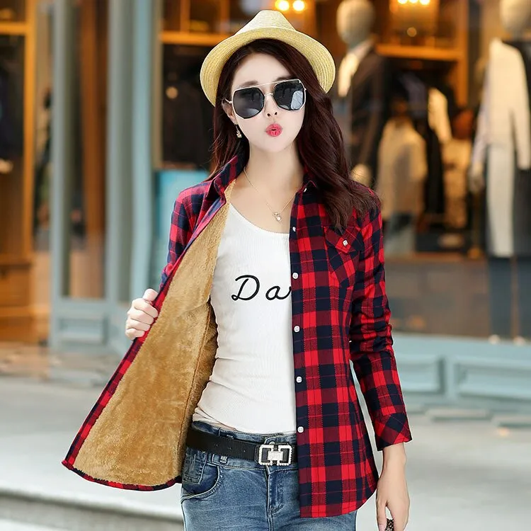 2020 Brand New Winter Warm Women Velvet Thicker Jacket Plaid Shirt Style Coat Female College Style Casual Jacket Outerwear