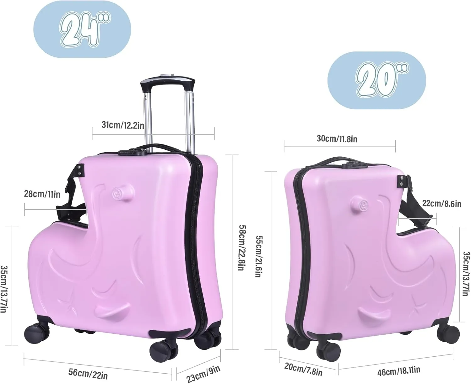 24 Inch Kids Ride Suitcase,Toddler Luggage Seat Ride with Lock - Kids Travel Trolley with Safety Belt, kids luggage with wheels Child Stroller Spinner Luggage, ABS PC (Pink, 5-12 Years)