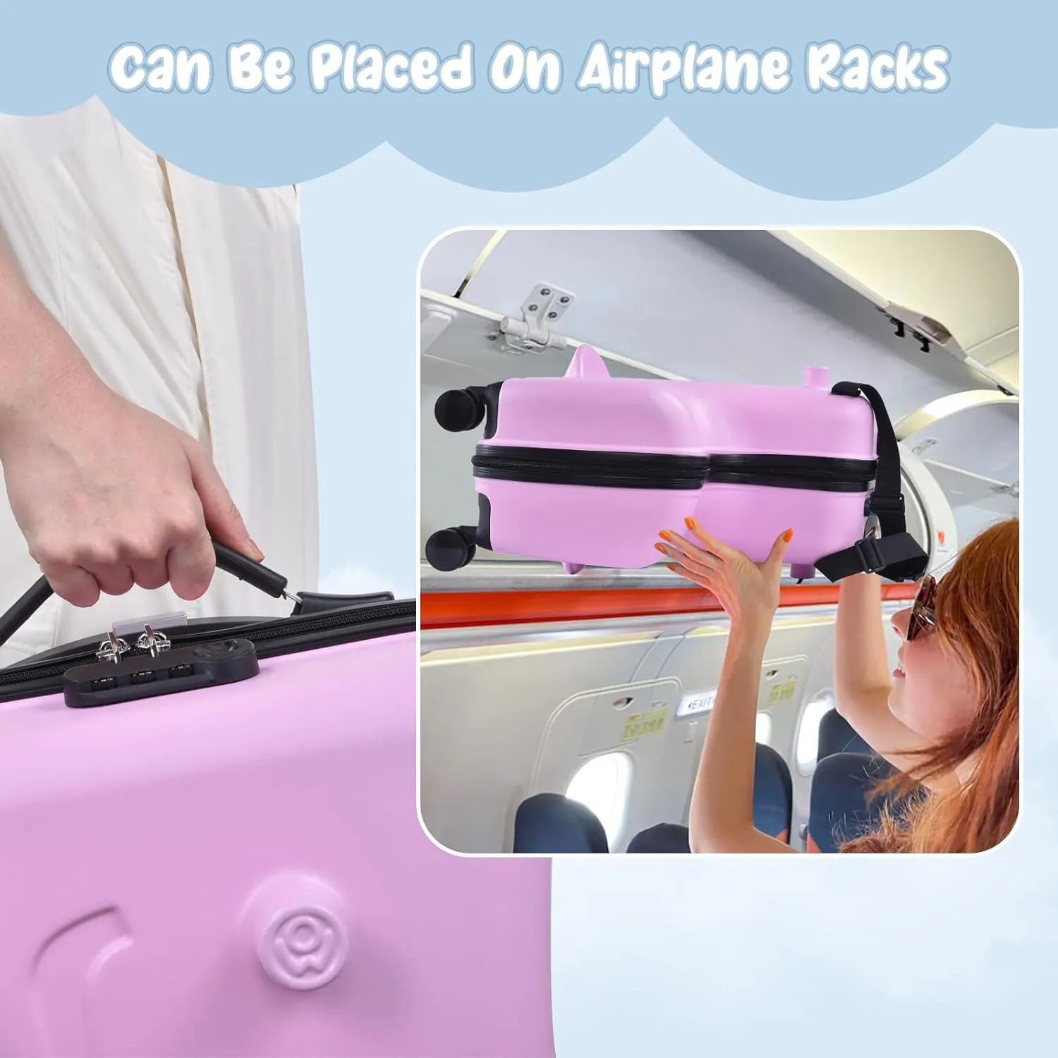 24 Inch Kids Ride Suitcase,Toddler Luggage Seat Ride with Lock - Kids Travel Trolley with Safety Belt, kids luggage with wheels Child Stroller Spinner Luggage, ABS PC (Pink, 5-12 Years)
