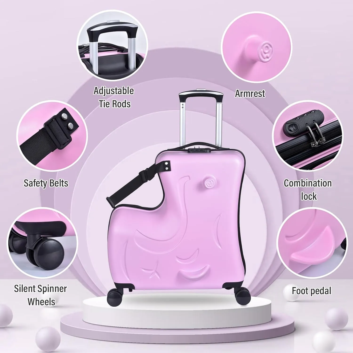 24 Inch Kids Ride Suitcase,Toddler Luggage Seat Ride with Lock - Kids Travel Trolley with Safety Belt, kids luggage with wheels Child Stroller Spinner Luggage, ABS PC (Pink, 5-12 Years)