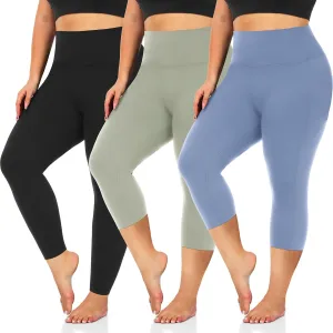 3 Pack Women's Plus Size Capri Leggings High Waist Tummy Control, Stretchy Yoga Workout Pants (XL-4X) - Spandex Elastic Fit