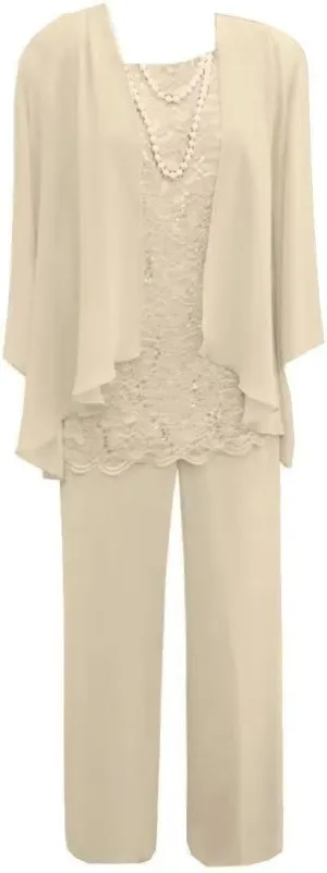 3 Pieces Mother of The Bride Pant Suits Lace Chiffon Formal Wedding Guest Dress with Jacket