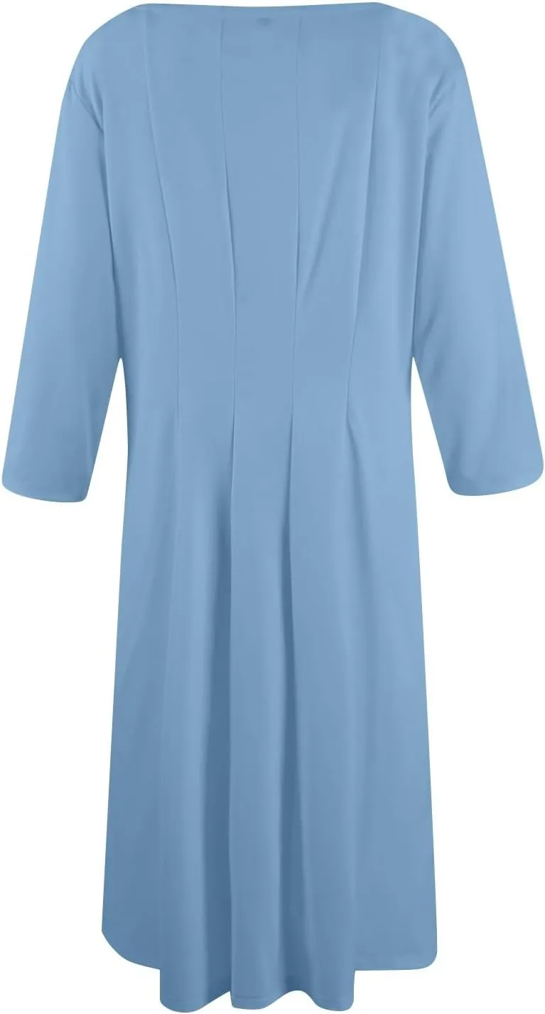 3/4 Sleeve Midi Dresses for Women 2024 Fashion Solid Color Pleated Dress Casual Plus Size Crewneck Dress with Pockets