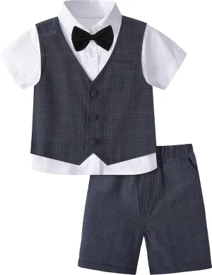 A&J DESIGN Toddler Suit, Gentleman Outfit for boys, 3pcs Clothes Set Shirt & Vest & Shorts with Bowtie