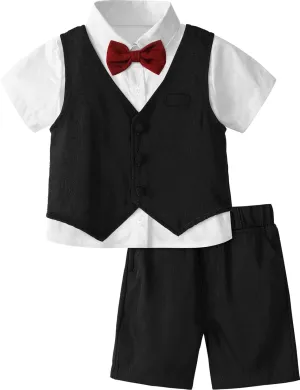 A&J DESIGN Toddler Suit, Gentleman Outfit for boys, 3pcs Clothes Set Shirt & Vest & Shorts with Bowtie