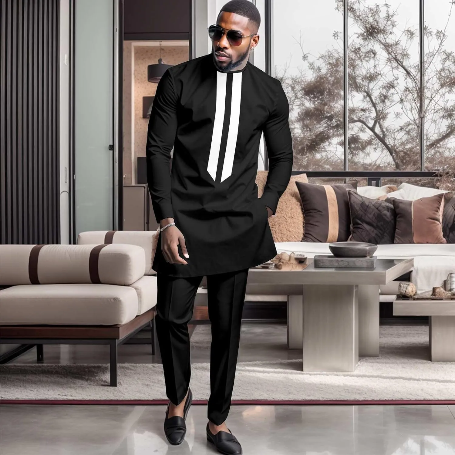 African Men's Formal Clothes Dashiki Shirt and Pant Two Piece Suit Traditional Long Sleeve Outfits
