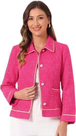 Allegra K Tweed Blazer for Women's Plaid Long Sleeve Vintage Outwear Work Office Short Jacket Coat
