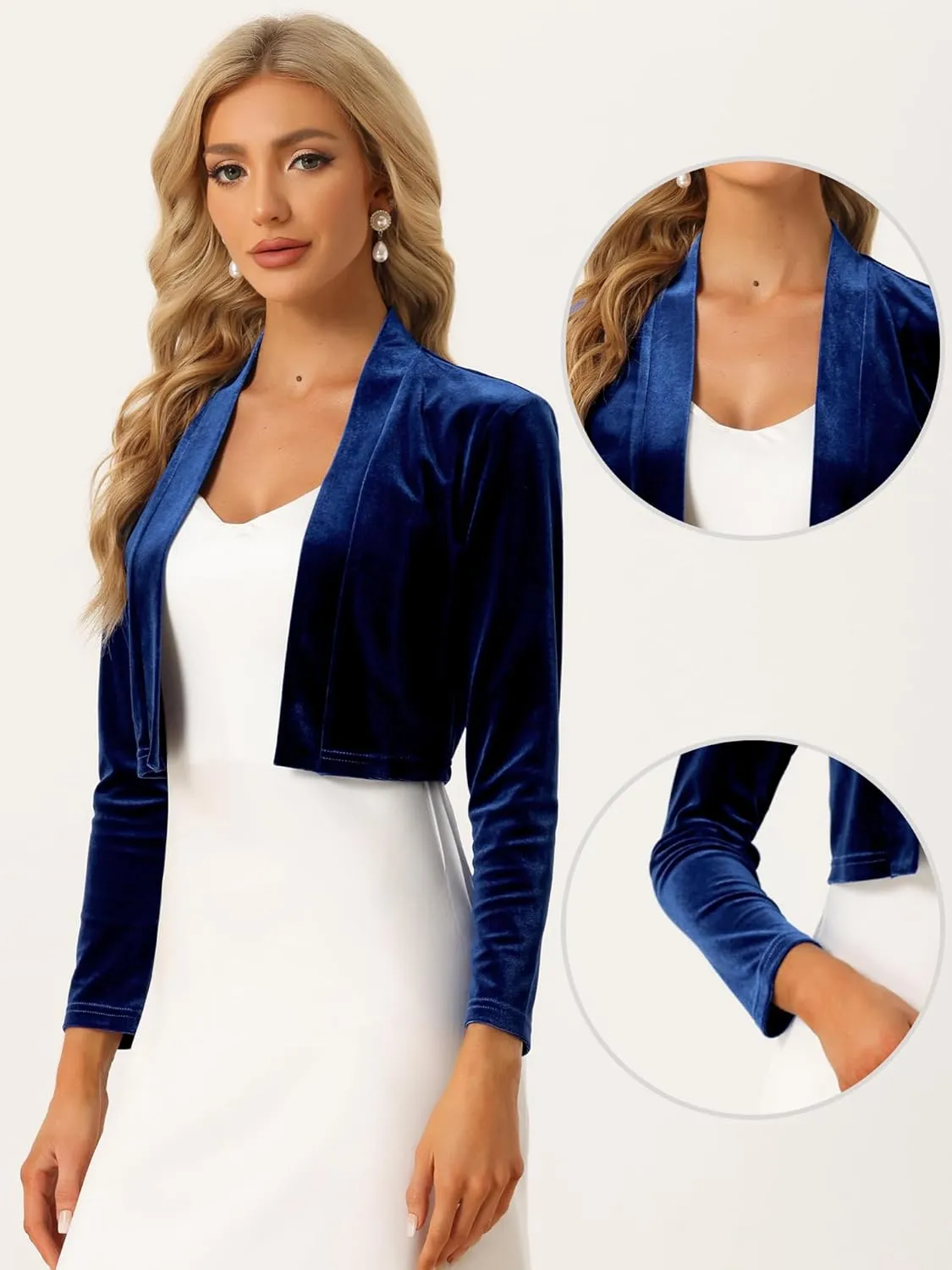 Allegra K Velvet Shrug for Women's Long Sleeve Open Front Cardigan Cocktail Party Cropped Bolero Jacket