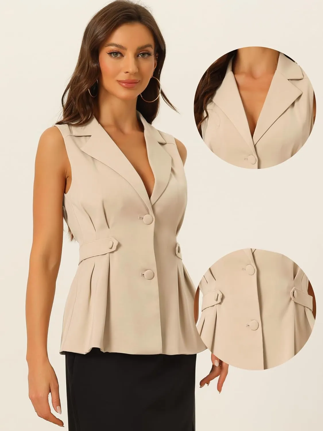 Allegra K Waistcoat Vest for Women's Notched Lapel Collar Office Dressy Blazer Pleated Sleeveless Jacket