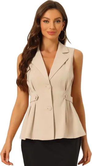 Allegra K Waistcoat Vest for Women's Notched Lapel Collar Office Dressy Blazer Pleated Sleeveless Jacket