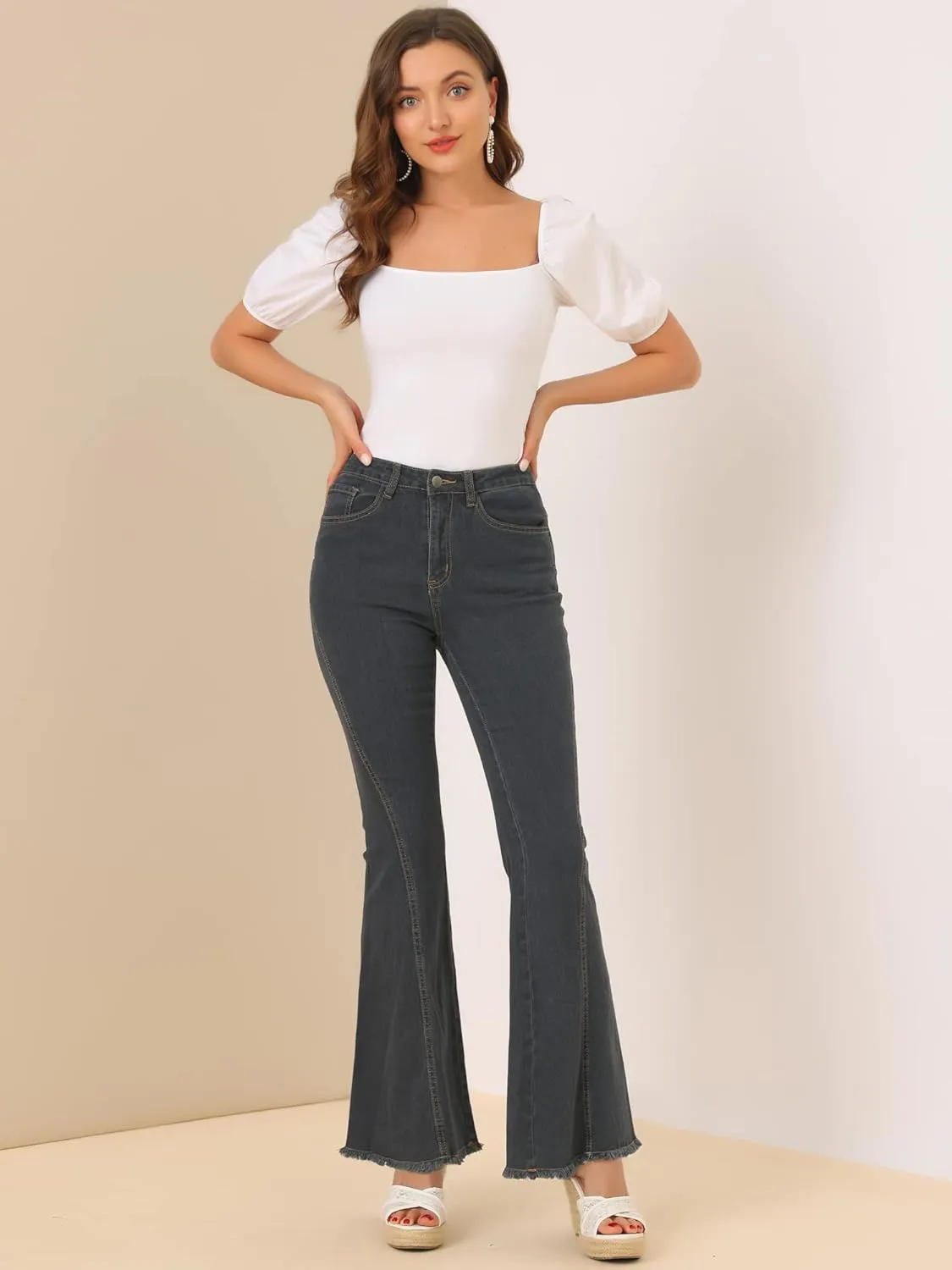 Allegra K Women's 70s Vintage Flare Jeans High Waist Stretch Denim Bell Bottoms Jeans