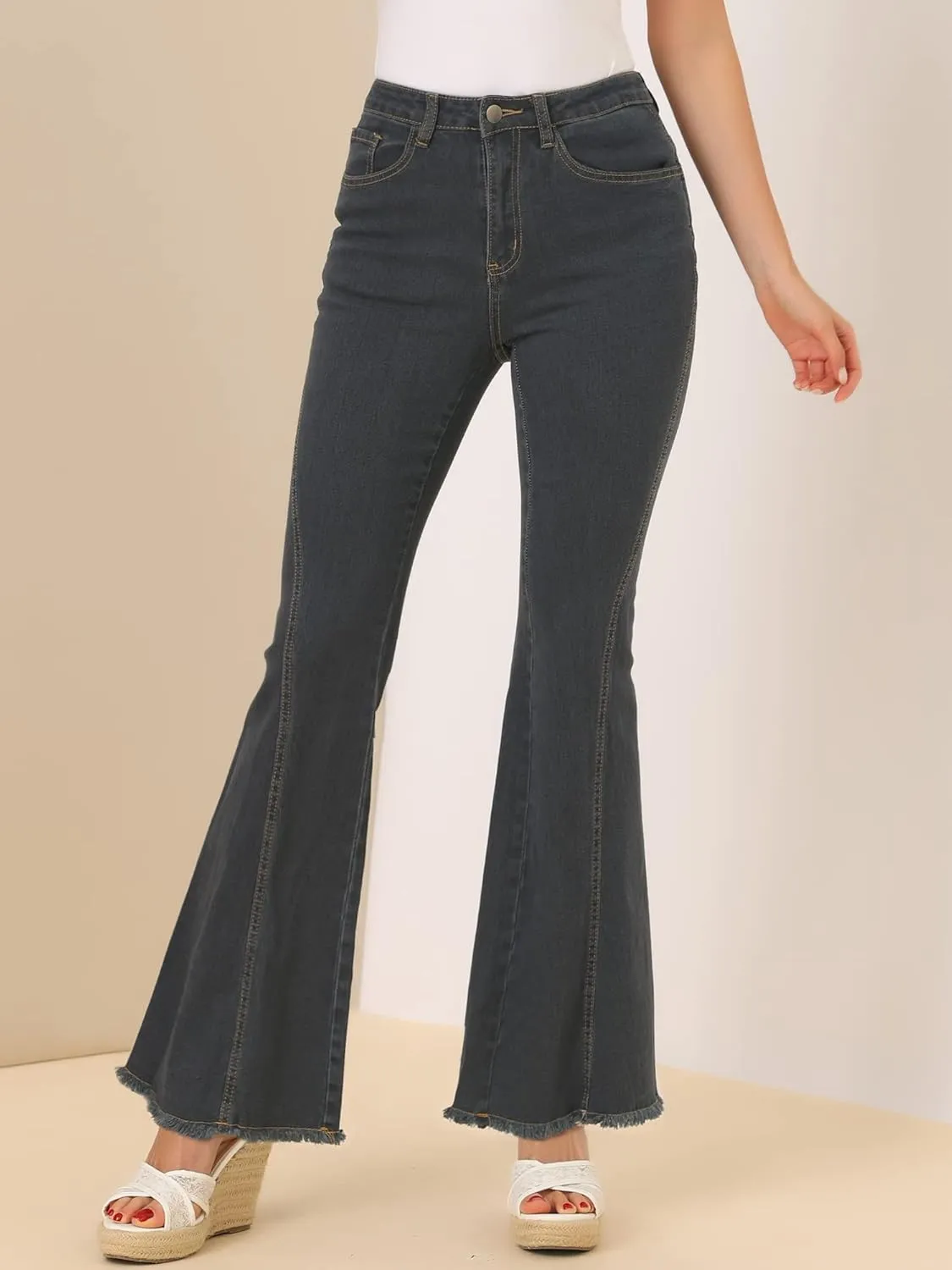 Allegra K Women's 70s Vintage Flare Jeans High Waist Stretch Denim Bell Bottoms Jeans