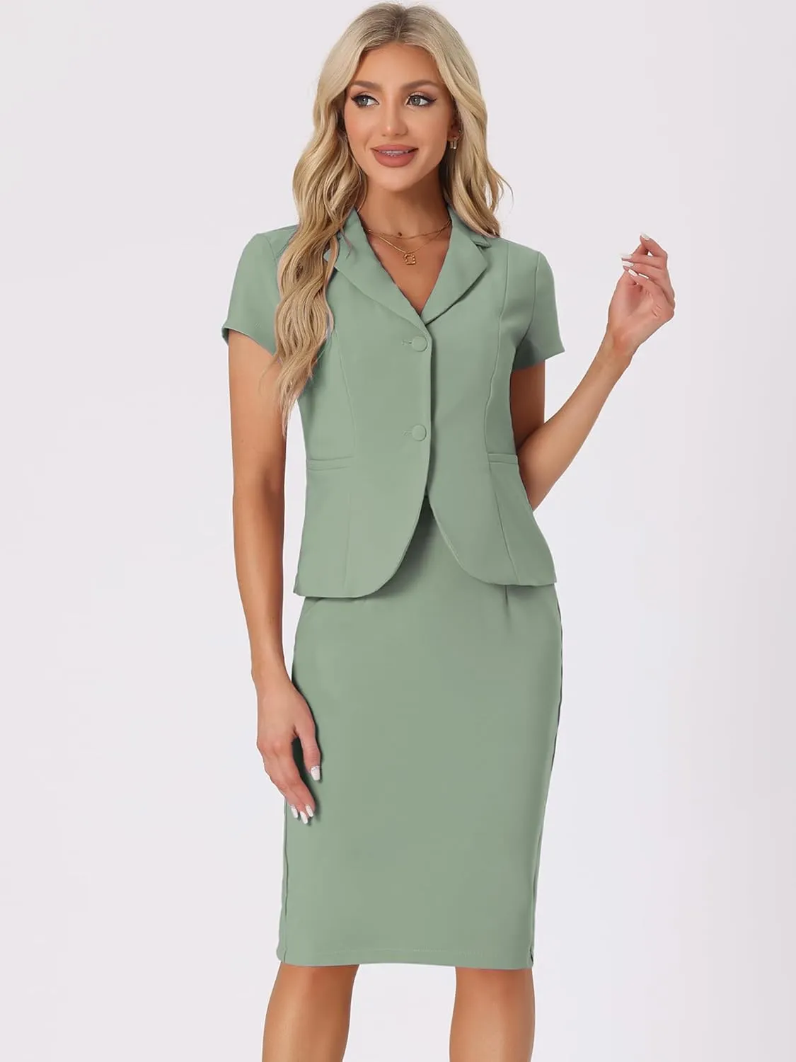Allegra K Women's Business Skirt Suit Set Work Office Short Sleeve Blazer Jacket Pencil Skirt