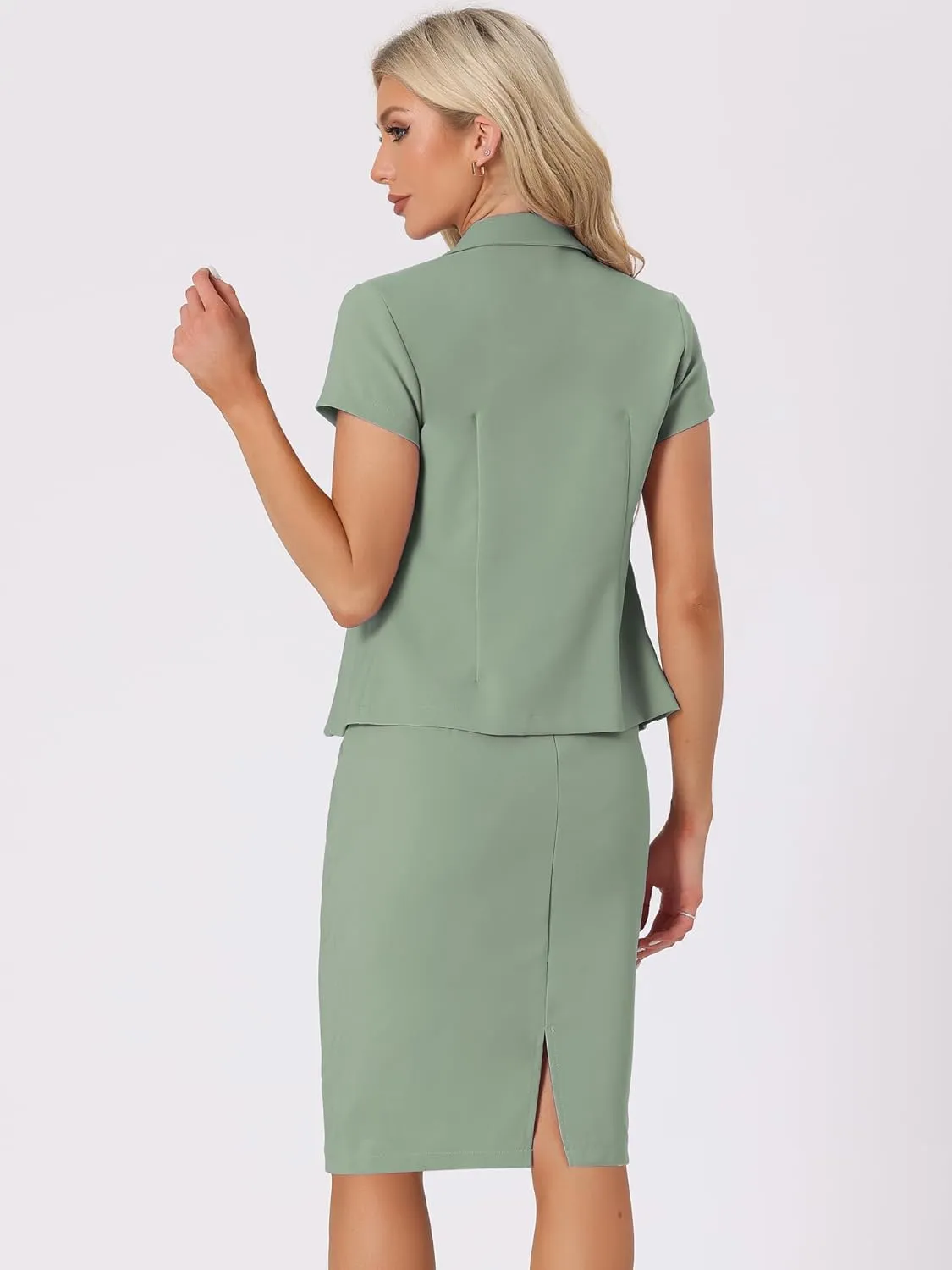 Allegra K Women's Business Skirt Suit Set Work Office Short Sleeve Blazer Jacket Pencil Skirt