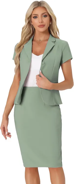 Allegra K Women's Business Skirt Suit Set Work Office Short Sleeve Blazer Jacket Pencil Skirt