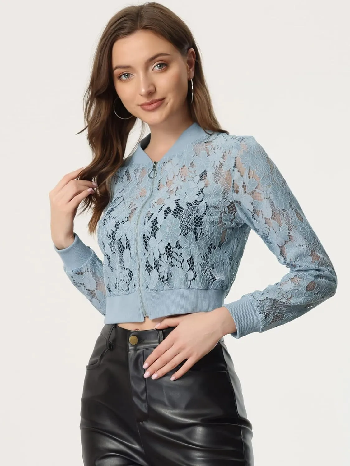 Allegra K Women's Crop Jacket Stand Collar Zip Up Sexy Sheer Gothic Lace Lightweight Baseball Jacket