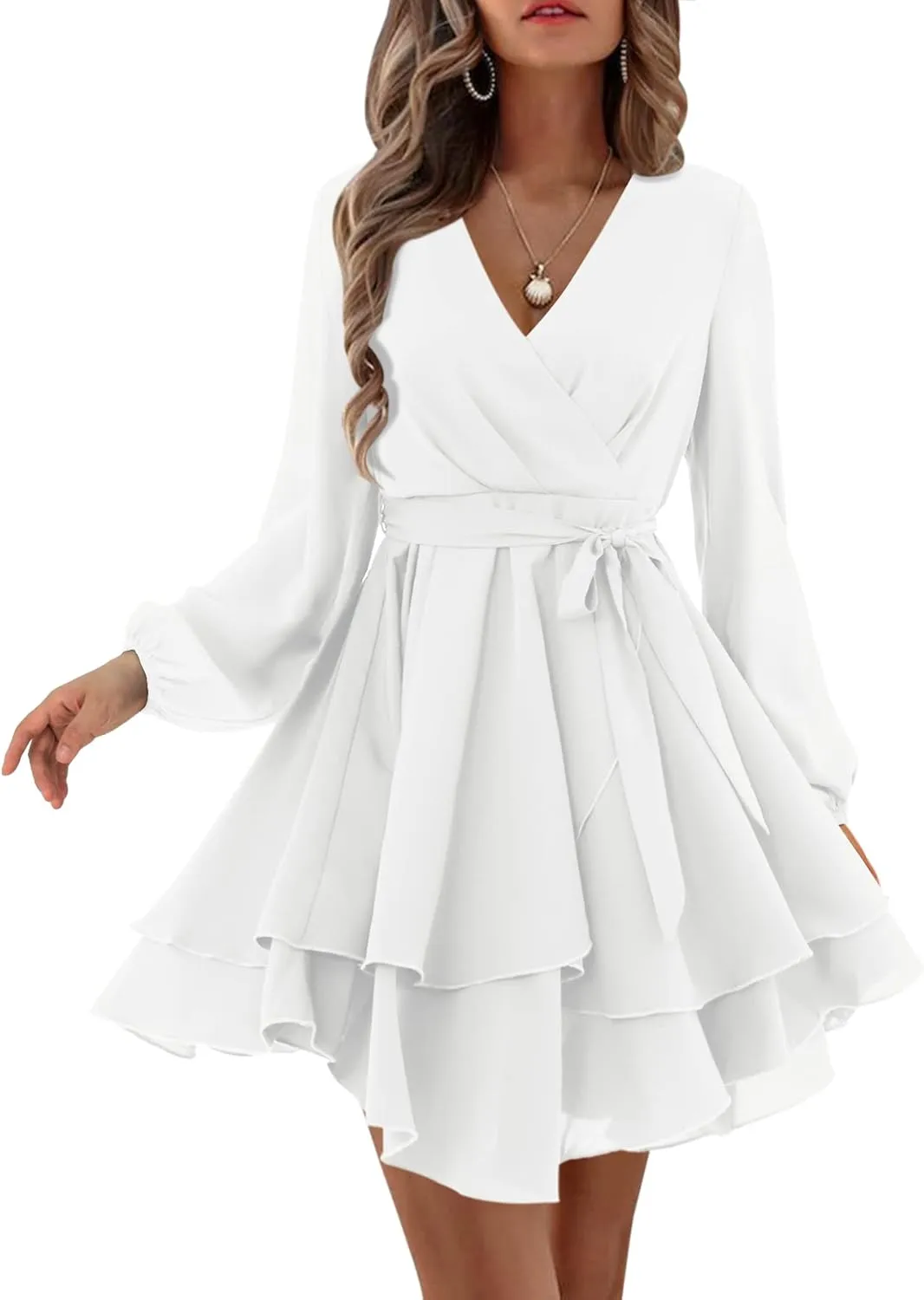 Amoretu Women's 2024 Summer Wrap Dress Long Sleeve Casual V Neck Ruffle Mini Dresses