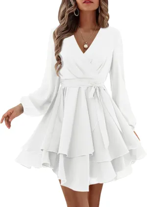 Amoretu Women's 2024 Summer Wrap Dress Long Sleeve Casual V Neck Ruffle Mini Dresses