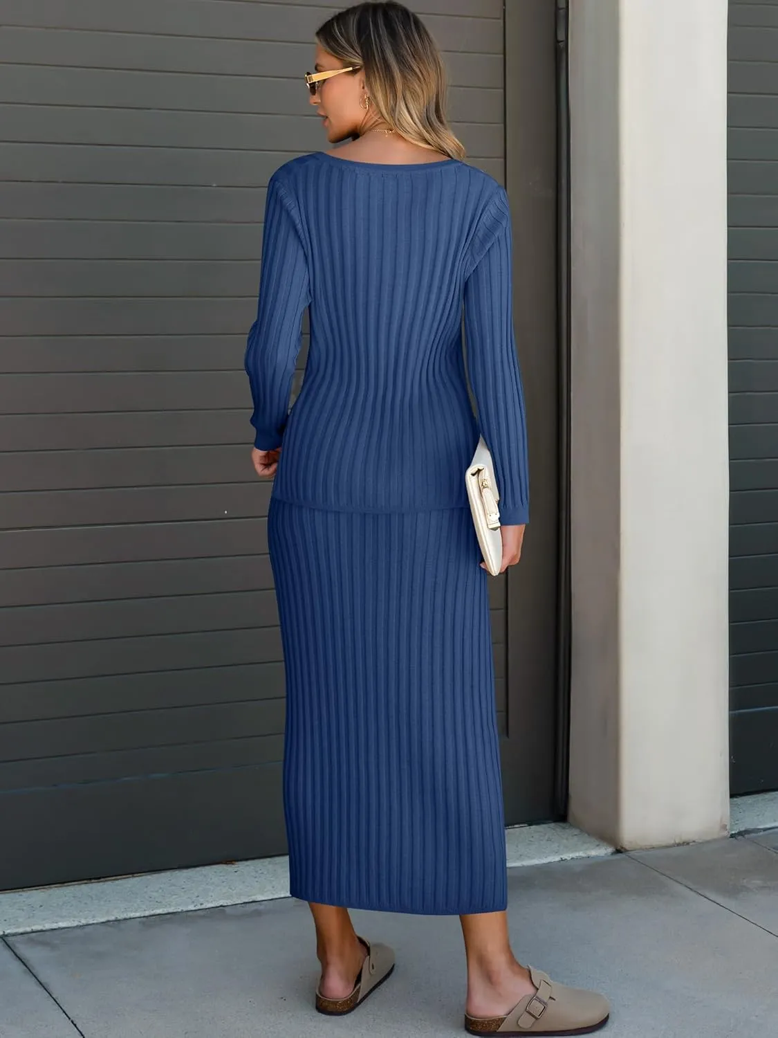 ANRABESS Women's 2 Piece Outfits Sweater Skirt Sets Casual Long Sleeve V Neck Ribbed Knit Tops Midi Dress 2024 Fall Fashion