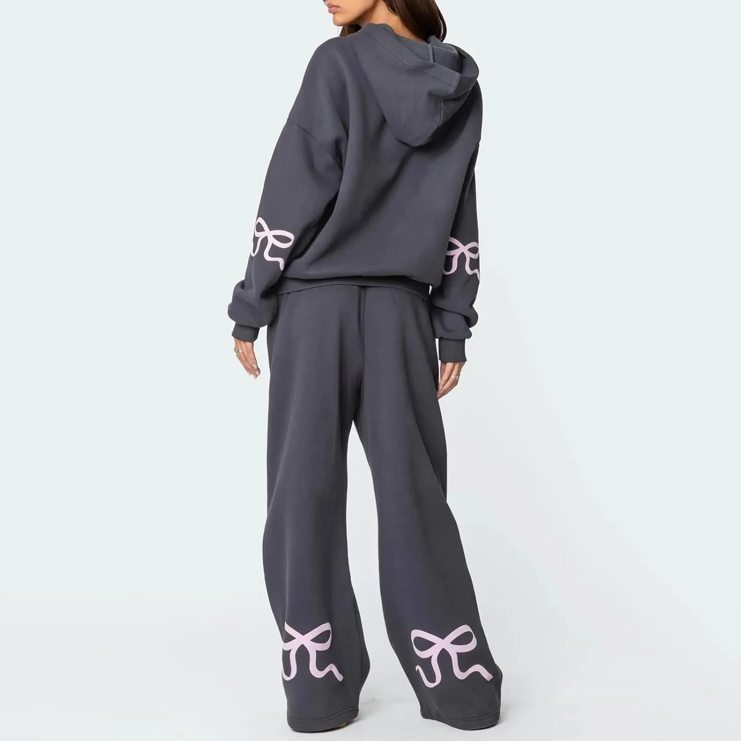 Aonoapll Women Cute 2 Piece Sweatsuit Bow Print Sweatshirt Outfits Oversized Hoodie Wide Leg Sweatpants Set Y2k Tracksuit