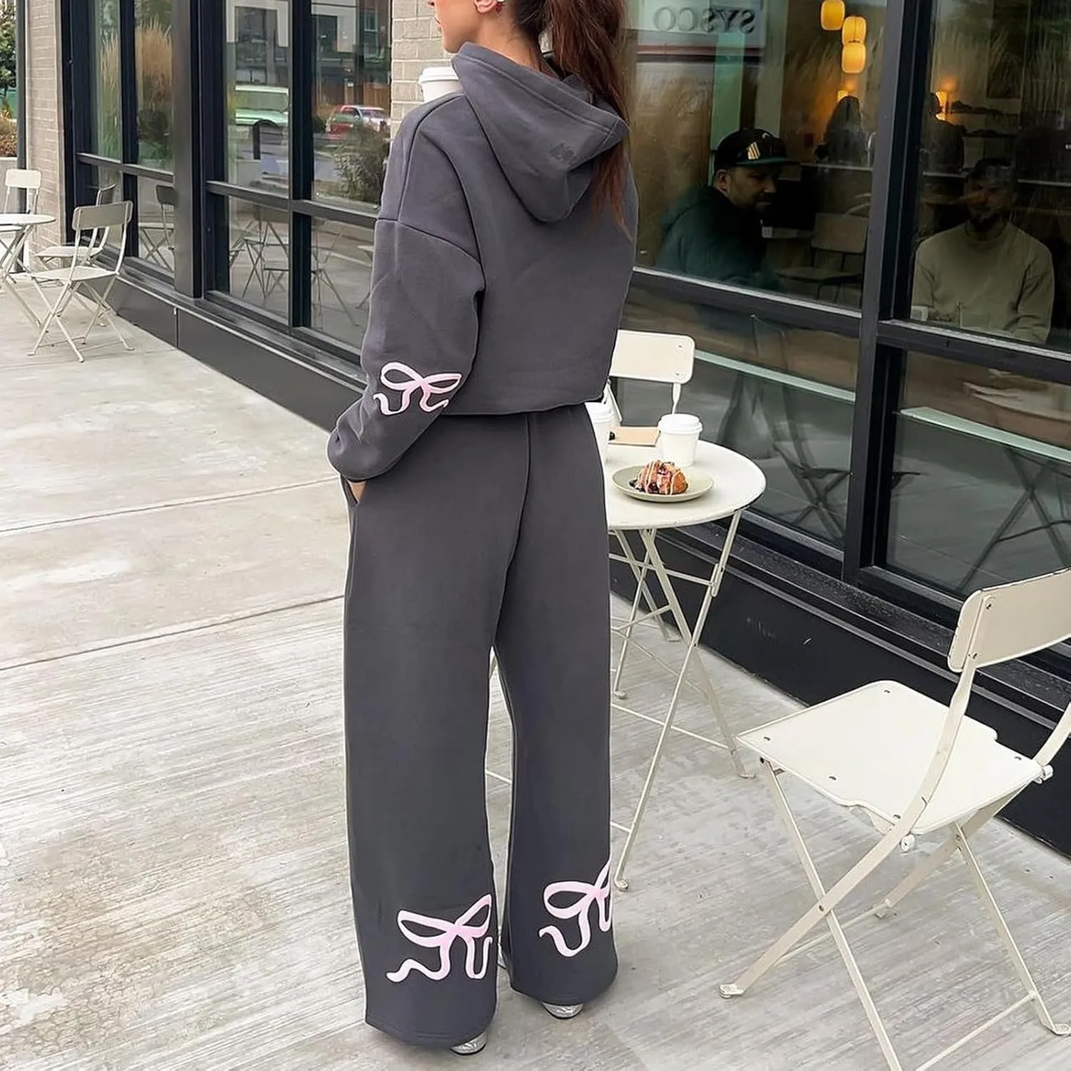 Aonoapll Women Cute 2 Piece Sweatsuit Bow Print Sweatshirt Outfits Oversized Hoodie Wide Leg Sweatpants Set Y2k Tracksuit