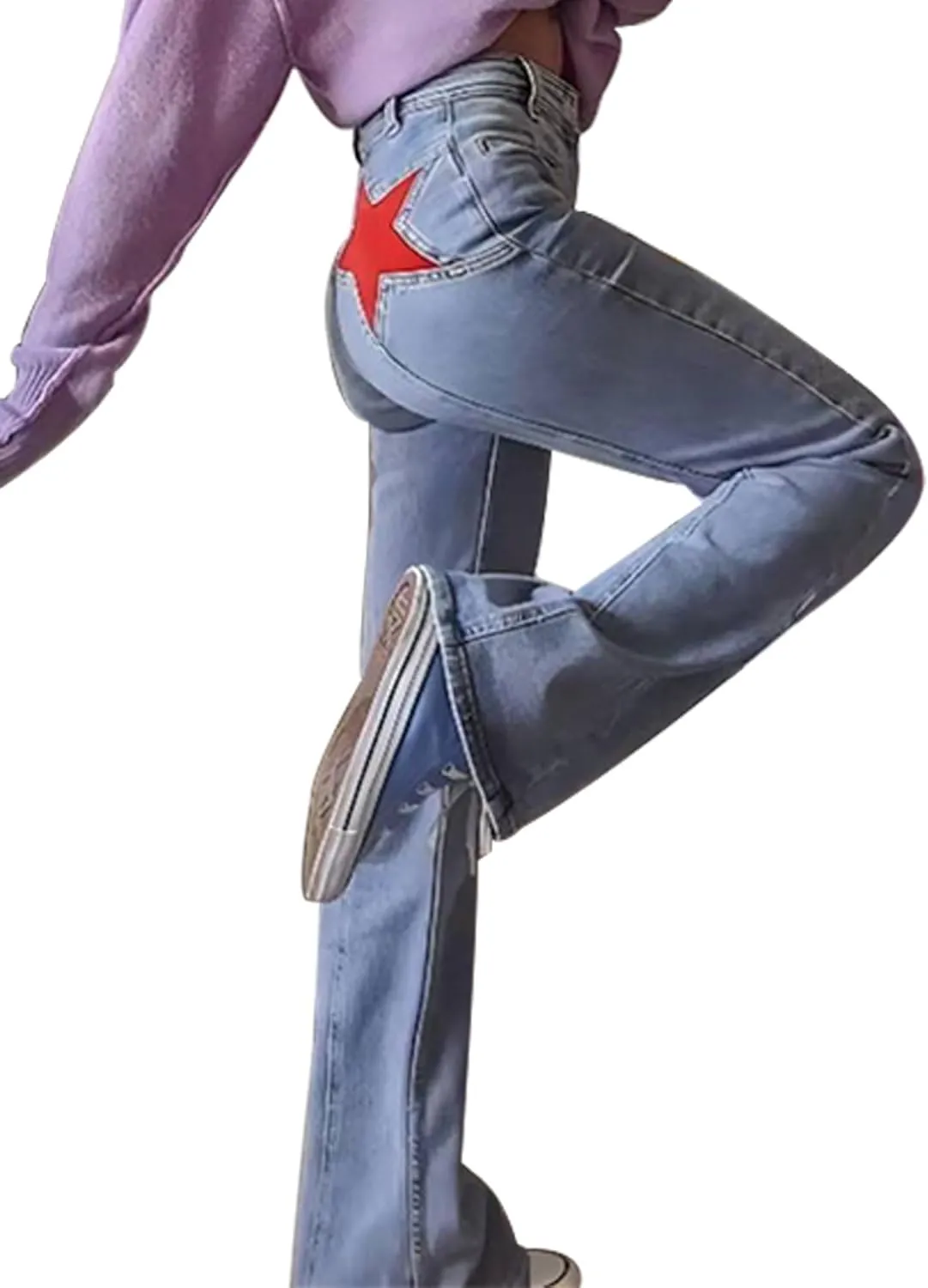 AULKEEP Womens Red Star High Waisted Pants Stretch Wide Leg Jeans Y2K Streetwear Patchwork Denim Trousers