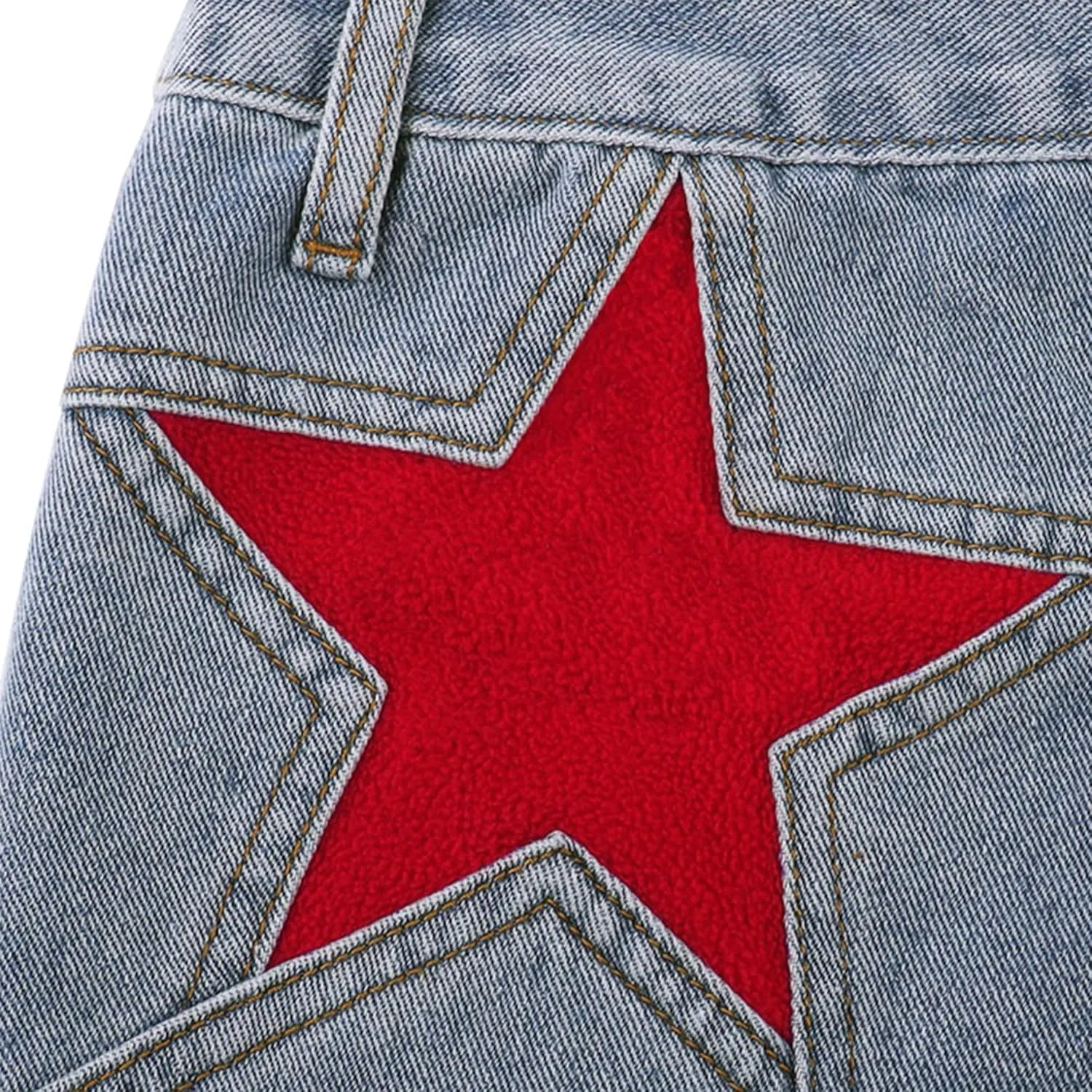 AULKEEP Womens Red Star High Waisted Pants Stretch Wide Leg Jeans Y2K Streetwear Patchwork Denim Trousers