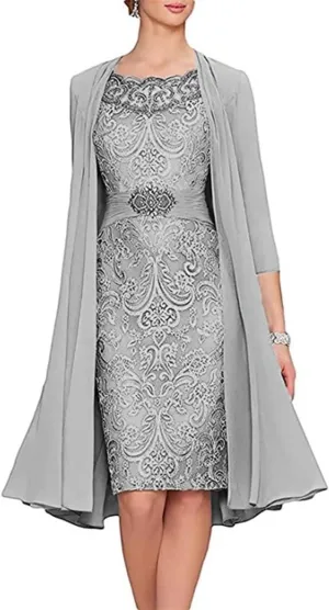 AUPRP Lace Appliques Silver Mother of The Groom Dress Tea Length 2 Pieces Chiffon Evening Dresses for Women Elegant Classy, US 6