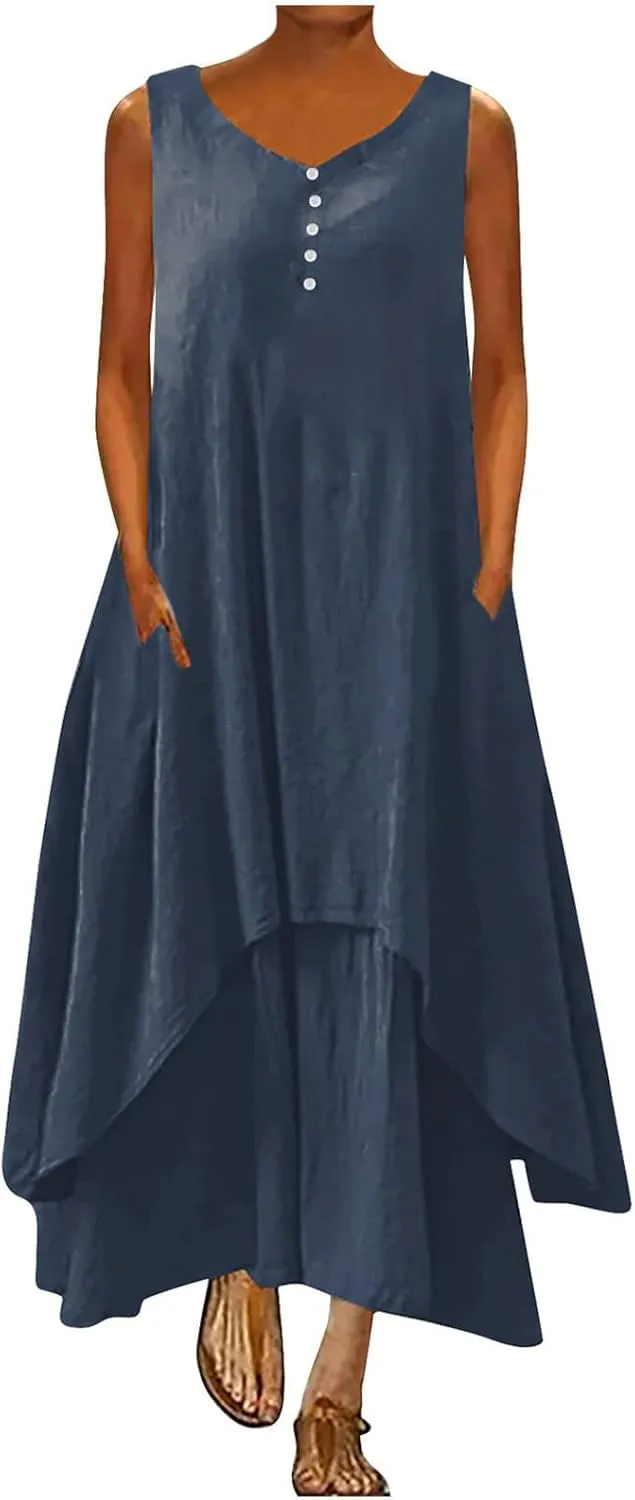 Aymnlox Sundresses for Women 2023 Trendy Casual Cotton Linen Sleeveless Tank Dress with Pockets Summer Double Layer Dresses