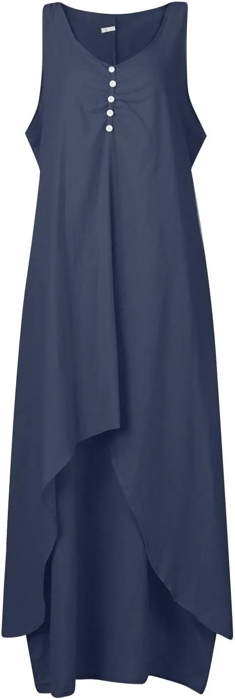 Aymnlox Sundresses for Women 2023 Trendy Casual Cotton Linen Sleeveless Tank Dress with Pockets Summer Double Layer Dresses