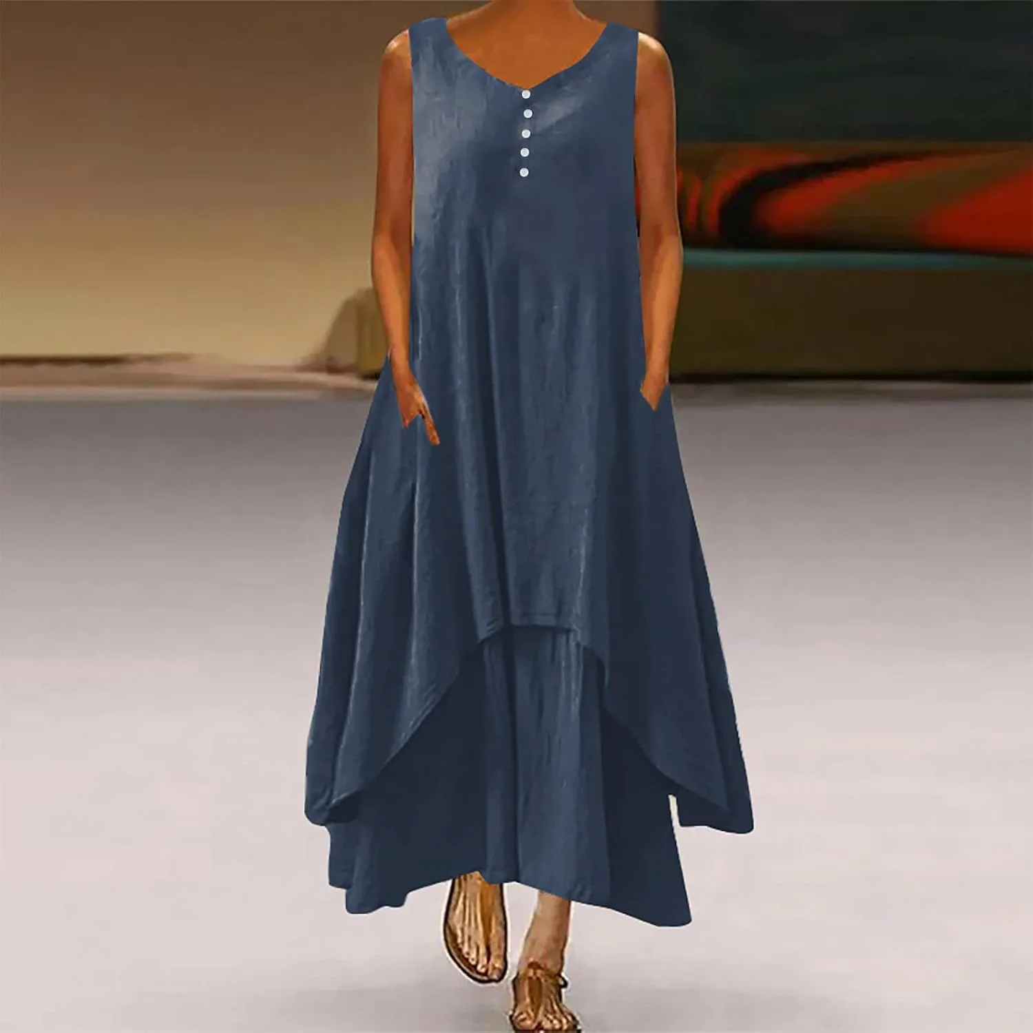 Aymnlox Sundresses for Women 2023 Trendy Casual Cotton Linen Sleeveless Tank Dress with Pockets Summer Double Layer Dresses