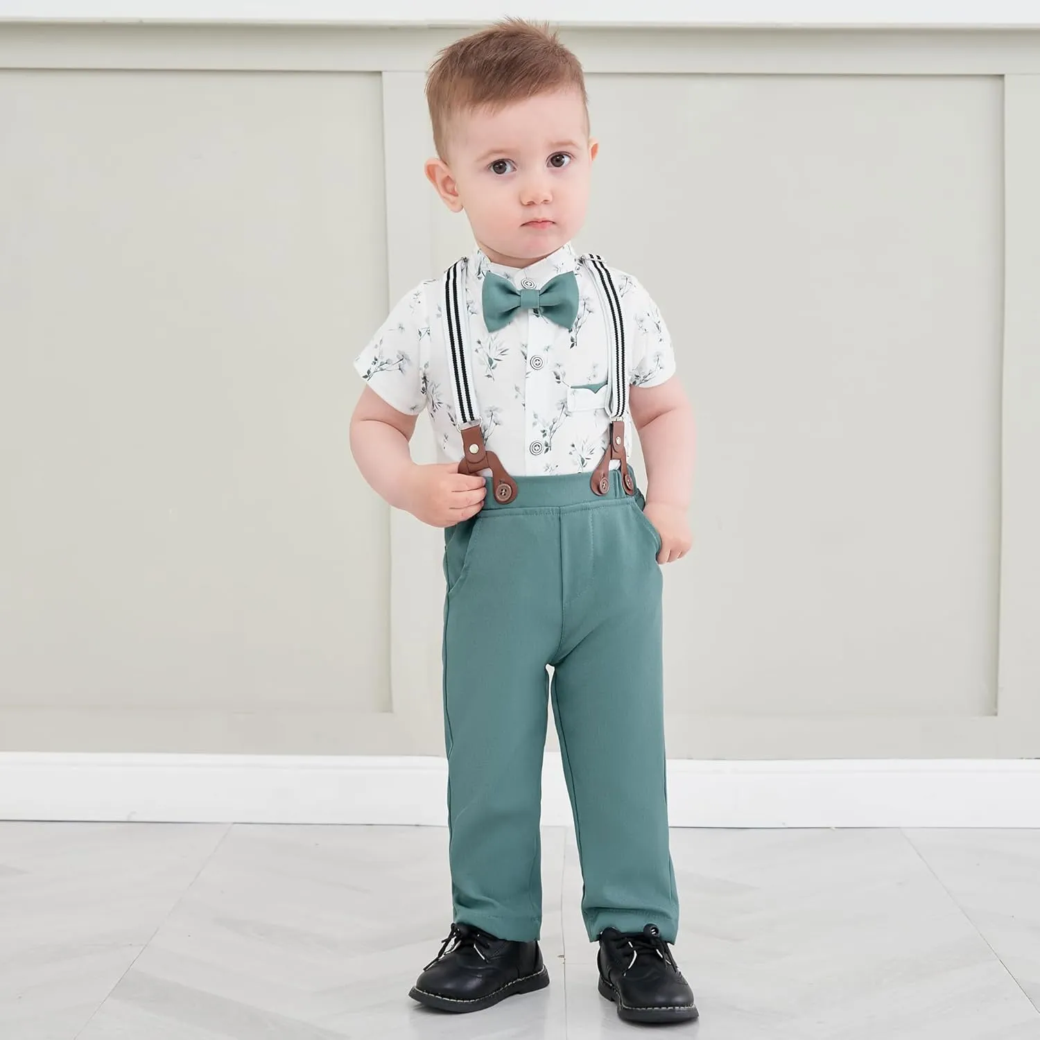 Baby Boy Clothes Suits 3-24M Infant Gentleman Outfits, Short Sleeve Shirt Bowtie Beret Suspender Pants Clothing Set