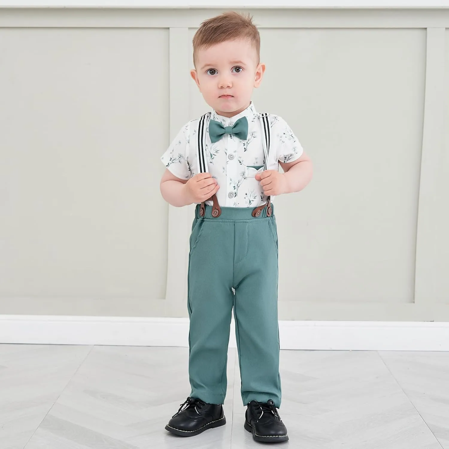 Baby Boy Clothes Suits 3-24M Infant Gentleman Outfits, Short Sleeve Shirt Bowtie Beret Suspender Pants Clothing Set