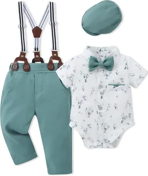 Baby Boy Clothes Suits 3-24M Infant Gentleman Outfits, Short Sleeve Shirt Bowtie Beret Suspender Pants Clothing Set