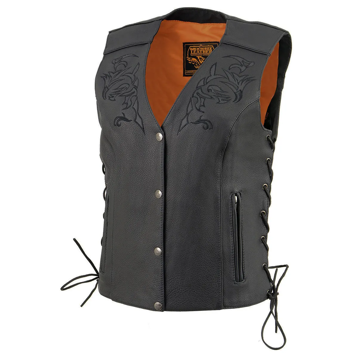 Black Color ML1296 Women's Tribal Black Reflective Leather Side Lace Motorcycle Rider Vest