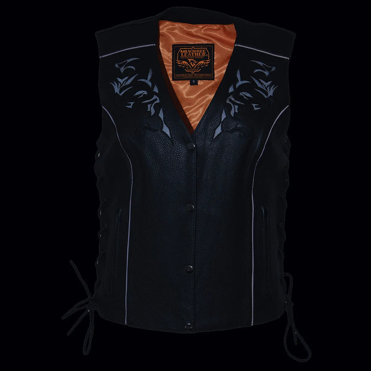 Black Color ML1296 Women's Tribal Black Reflective Leather Side Lace Motorcycle Rider Vest