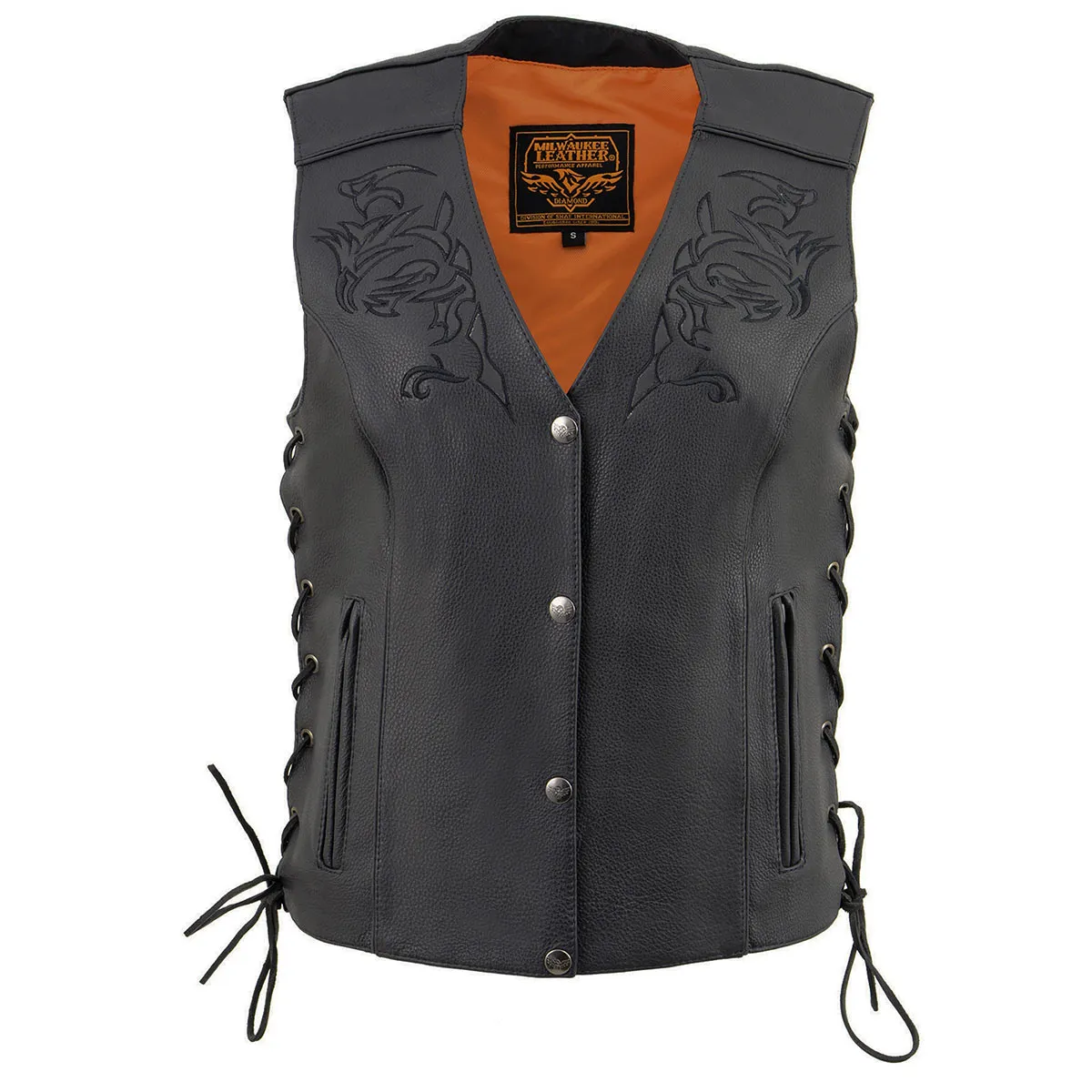 Black Color ML1296 Women's Tribal Black Reflective Leather Side Lace Motorcycle Rider Vest
