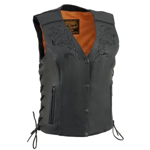 Black Color ML1296 Women's Tribal Black Reflective Leather Side Lace Motorcycle Rider Vest