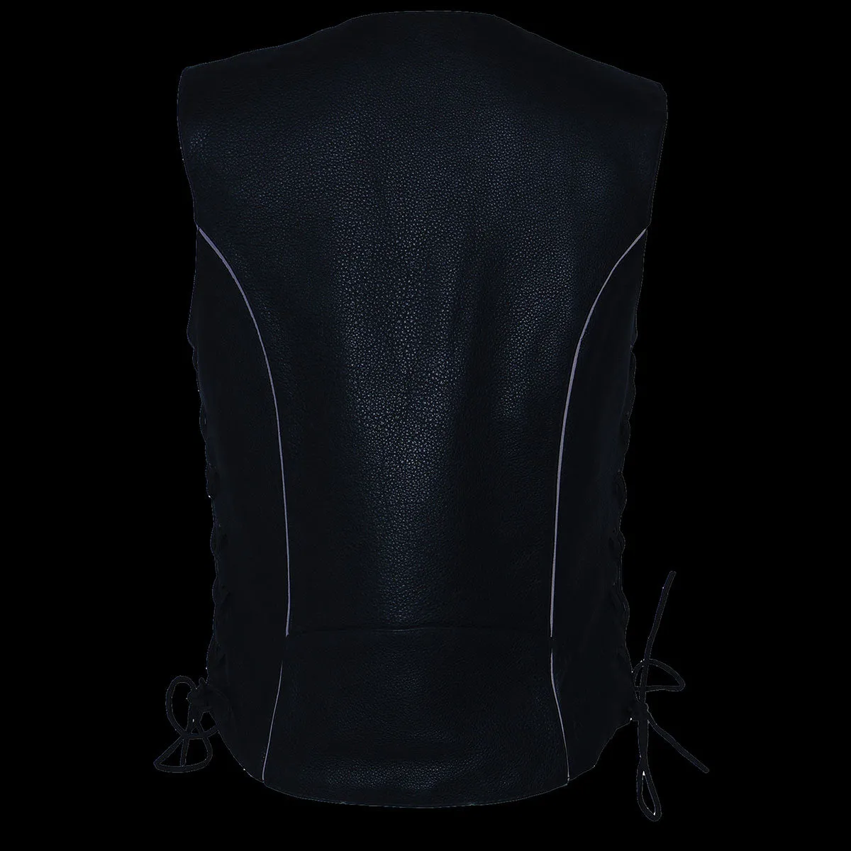 Black Color ML1296 Women's Tribal Black Reflective Leather Side Lace Motorcycle Rider Vest