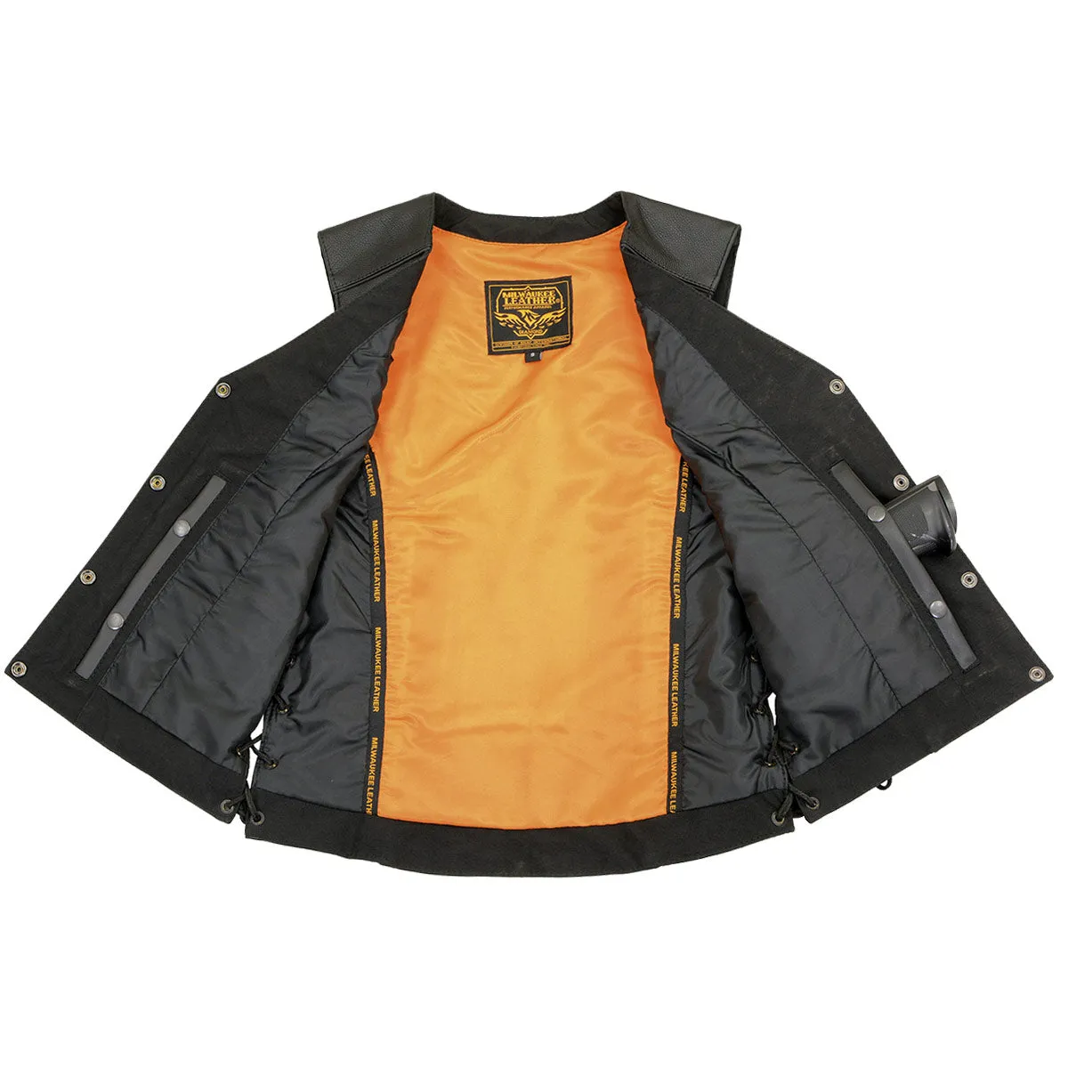 Black Color ML1296 Women's Tribal Black Reflective Leather Side Lace Motorcycle Rider Vest
