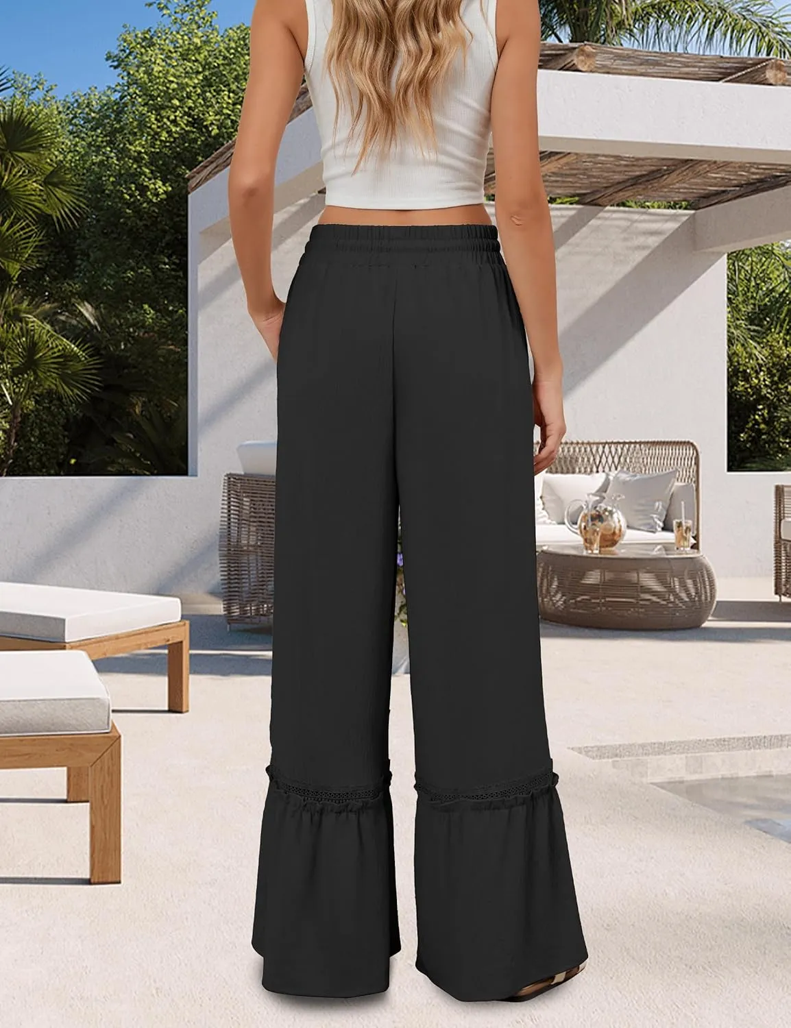 BMJL Womens High Waisted Wide Leg Pants Palazzo Beach Trousers Lace Flowy Summer Outfits
