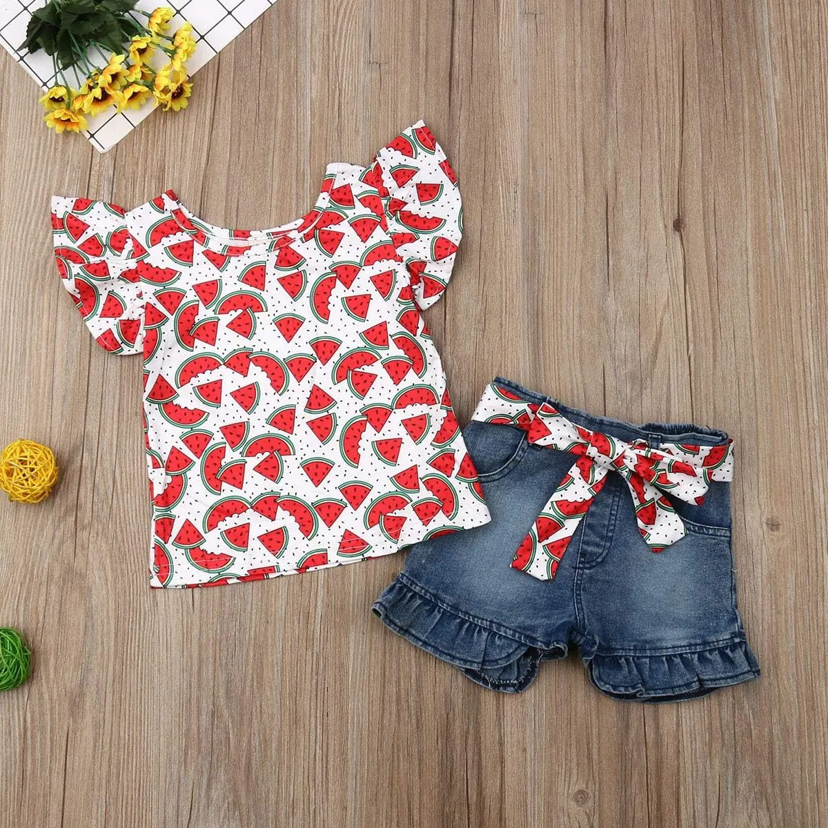Bmnmsl Baby Toddler Girls Floral Short Sleeve Tops T-Shirt Vest & Denim Shorts Set Kids 1T 2T 3T 4T 5T Clothes Summer Outfits