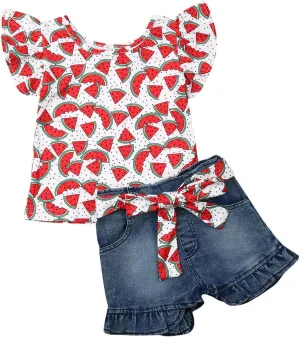 Bmnmsl Baby Toddler Girls Floral Short Sleeve Tops T-Shirt Vest & Denim Shorts Set Kids 1T 2T 3T 4T 5T Clothes Summer Outfits