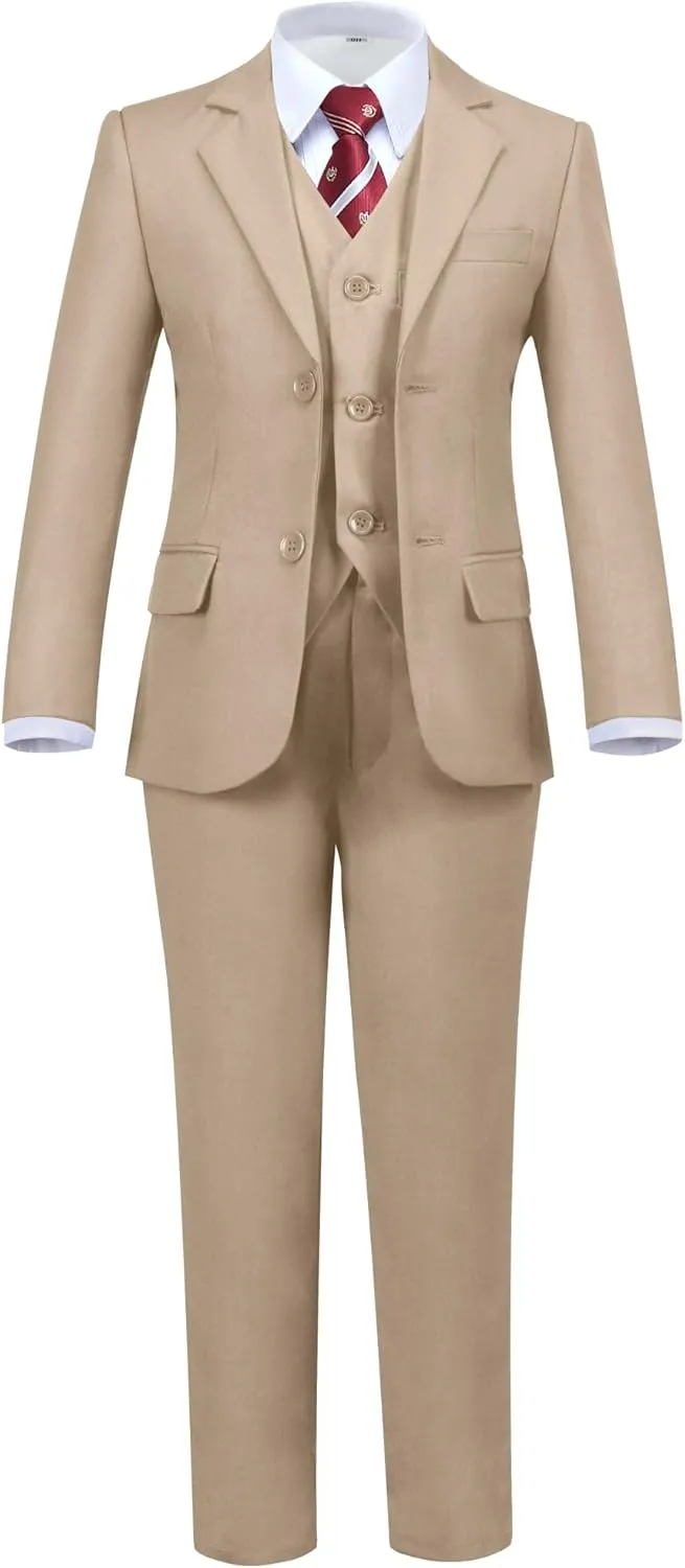 Boys' 5 Piece Formal Suit Set with Suit Jacket, Vest, Pants, Collared Dress Shirt, and Tie