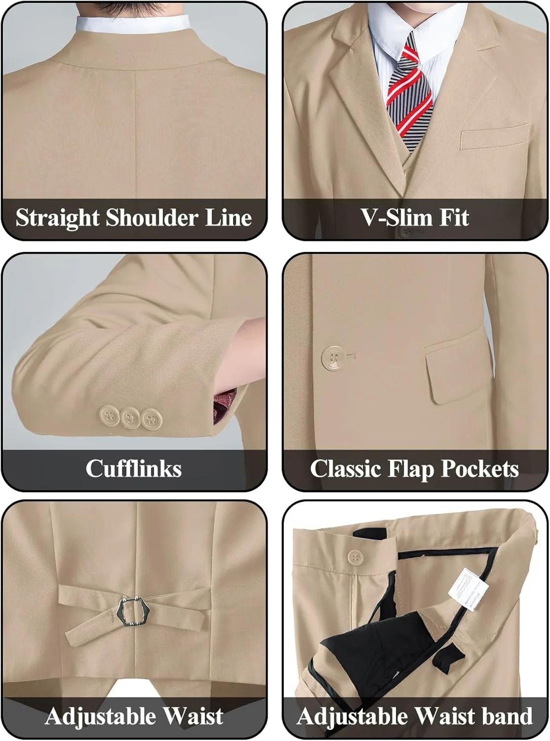 Boys' 5 Piece Formal Suit Set with Suit Jacket, Vest, Pants, Collared Dress Shirt, and Tie